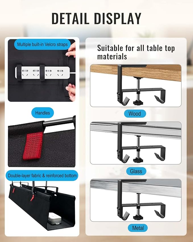 No Drill Cable Management Under Desk, 28" Cord Organizer for Table, Clamp/Screw Mount Cable Tray, Premium Black Fabric Desk Cord Management Tray for Office, Home (Regular (28 in))