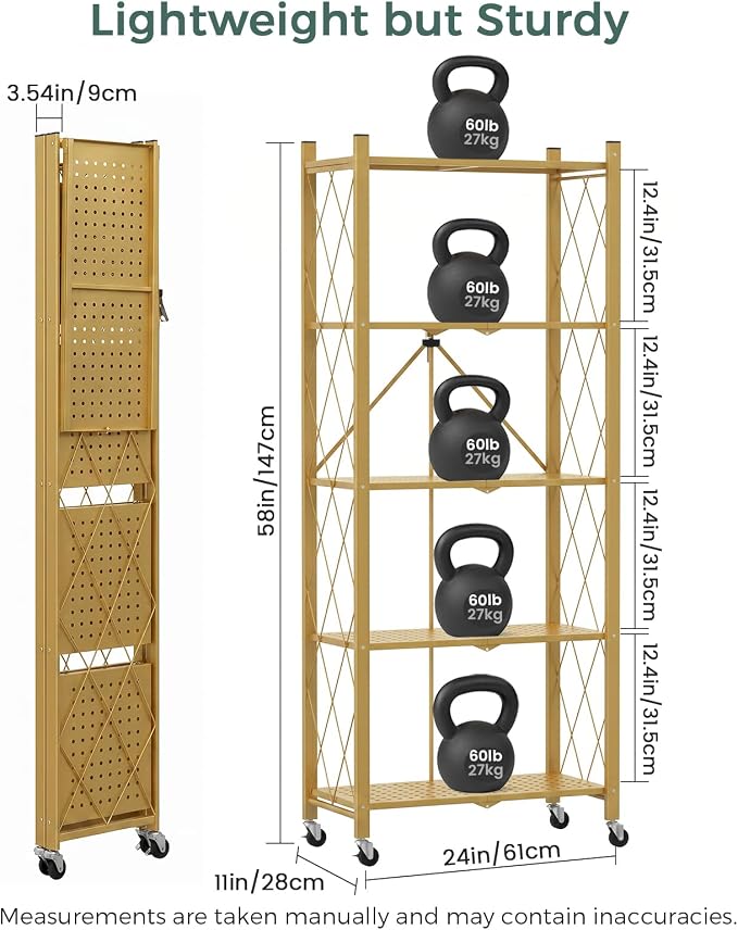 DEANIC 5-Shelf Folding Bookcase with Wheels, Rolling Bookshelf Heavy Duty Storage Shelves, Freestanding Metal Wire Shelving Unit for Living Room, Office, Kitchen, Basement, Pantry (Gold)