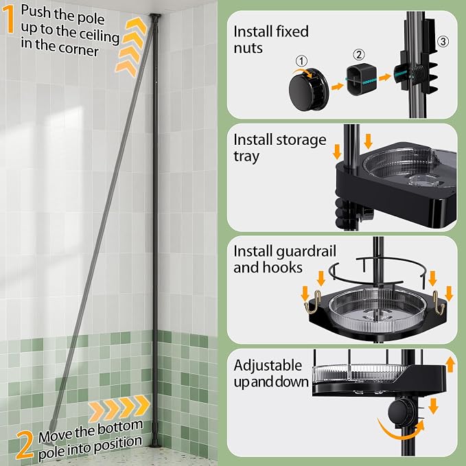 shuang qing 360° Rotating Corner Shower Caddy Tension Pole Organizer, 4-Tier Adjustable Shower Shelves, Rustproof Metal Pole with Safety Guardrail, Bathroom Storage for Shower & Bathtub (Black)