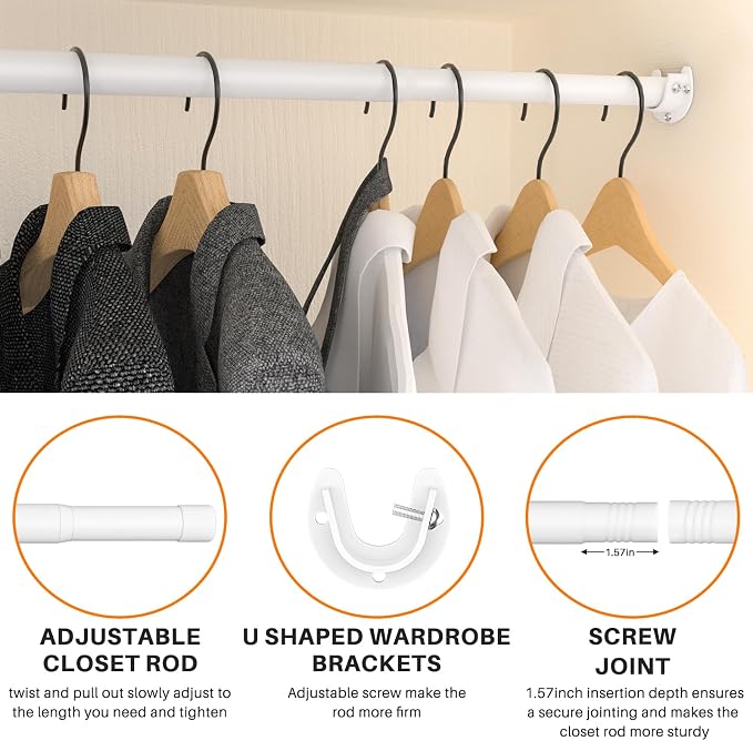 SUTINE Closet Rod, Closet Rods for Hanging Clothes, 17 to 52 inch Adjustable Closet Hanging Rod, Heavy Duty Clothes Rod Clothing Bar, Closet Poles for Hanging Clothes for Wardrobes, Shower Curtain