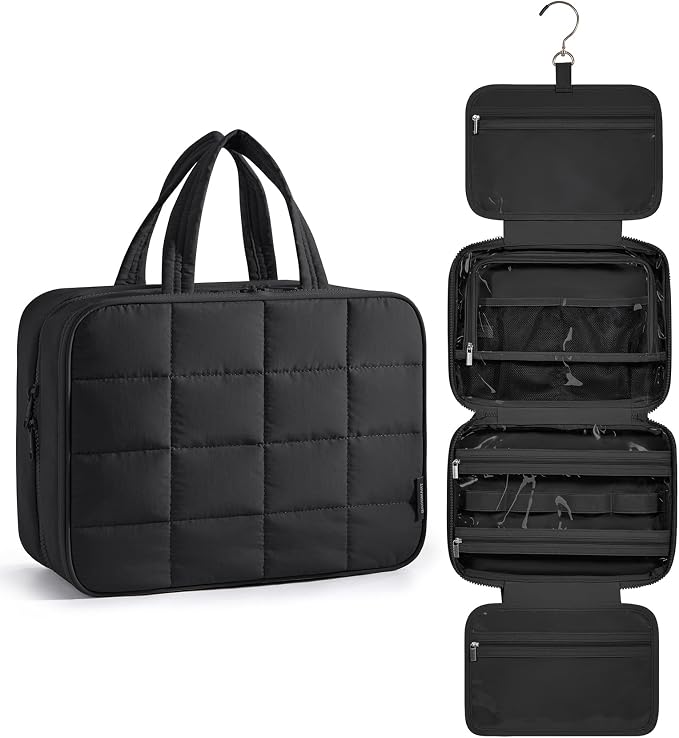 BAGSMART Travel Toiletry Bag with Jewelry Organizer, Hanging Travel Bag for Toiletries, Puffy Makeup Cosmetic Bag Organizer, Carry-on Travel Accessories Essentials, Black-L