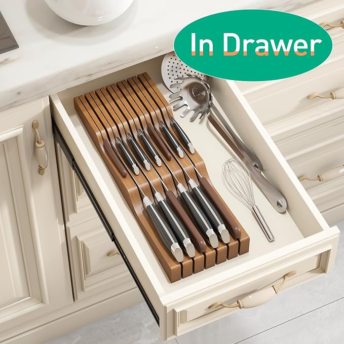 Knife Drawer Organizer (Brown, 13 Knives Organizer)