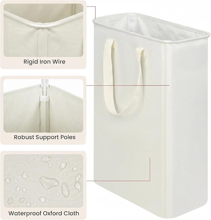 efluky 2 Pack Slim Laundry Basket with Lid, Narrow Laundry Hamper with Handles, Collapsible Dirty Clothes Hamper, Tall Laundry Bin for Laundry Room, Dorm and Bedroom, 50L Beige