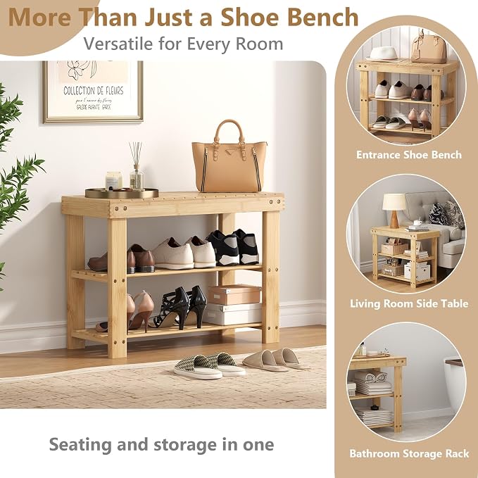 NEWBULIG Shoe Rack Bench, 3-Tier Bamboo Shoe Organizer, Wooden Entryway Storage Bench, 286 lb Load Capacity, 11.2x27.6x17.9 Inches, for Entryway Bathroom Bedroom Balcony, Wood