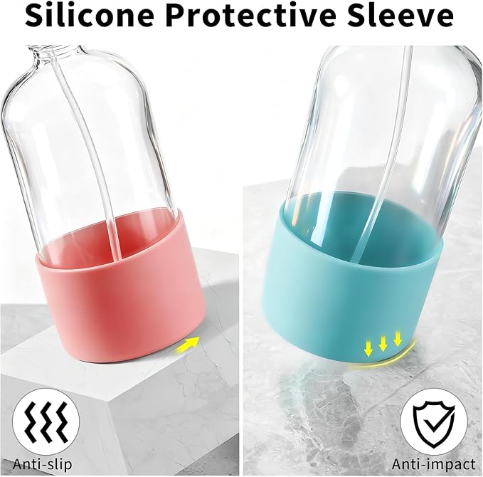 Glass Spray Bottles (2-Pack) with Silicone Sleeve - 16oz Empty Refillable Bottles - Adjustable Nozzle for Hair, Plants, Cleaning & DIY Solutions - Blue & Grey (pink+Green)