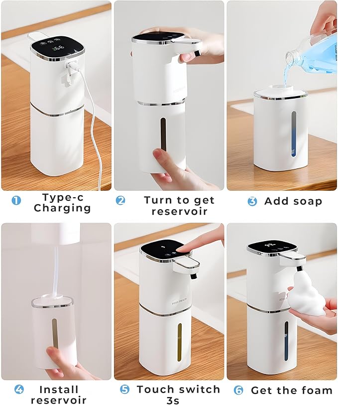 Automatic Foaming Soap Dispenser, USB Rechargeable | 13.5oz/400mL, 9-Adjustable Foam Levels, IPX5 Waterproof, Touchless & Wall/Tabletop Use for Kitchen Bathroom, White