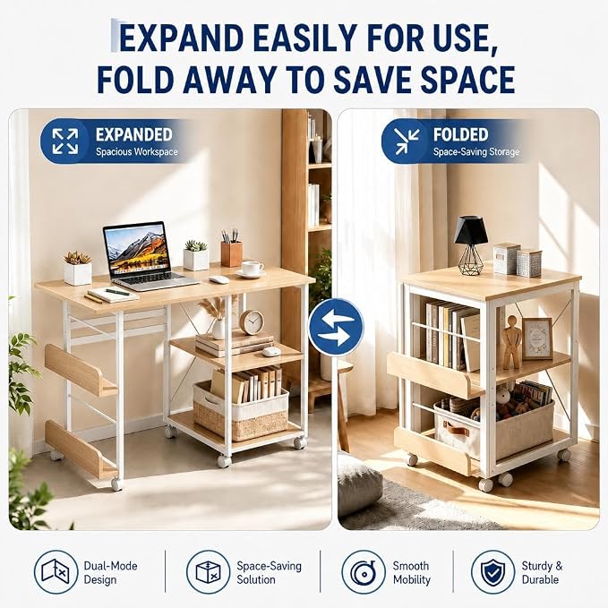 Garvee Folding Desk with Wheels, 31.5" Foldable Computer Desk with Storage Shelf, Space Saving Rolling Home Office Desk for Small Spaces, Portable Writing Table with Side Organizer, Oak