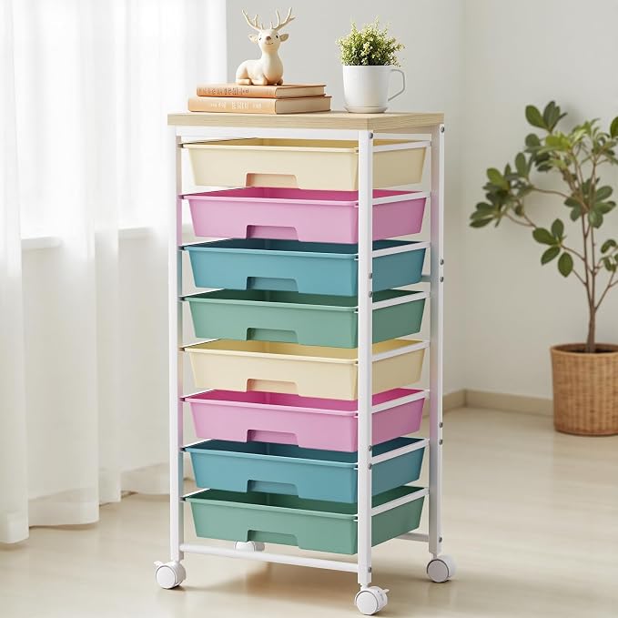 Rolling Cart with 8 Drawers, Plastic Drawer Storage Carts with Wheels & Wooden Tabletop, Metal Utility Cart Organizer for Bedroom Living Room Office Classroom Craft Organization and Storage, Colorful