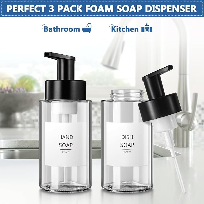 RYTOXILO Foaming Soap Dispenser, 10 oz/300ml Foaming Hand Soap Dispenser, 3 Pack Glass Foaming Soap Dispenser for Bathroom & Kitchen, Clear Refillable Foam Soap Dispenser Bottle with Waterproof Labels