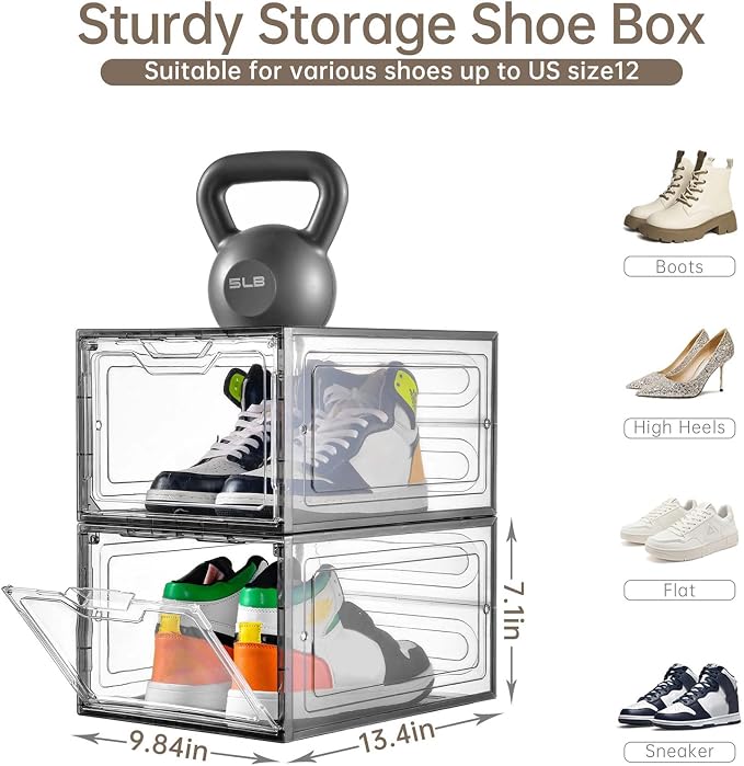 Stebopum 12 Pack Shoe Boxes Shoes Organizer, Shoe Storage Organizer Boxes with Magnetic Door, Clear Shoe Organizers Sneaker Storage Shoe Box for Women/Men, Fit up to US Size 12
