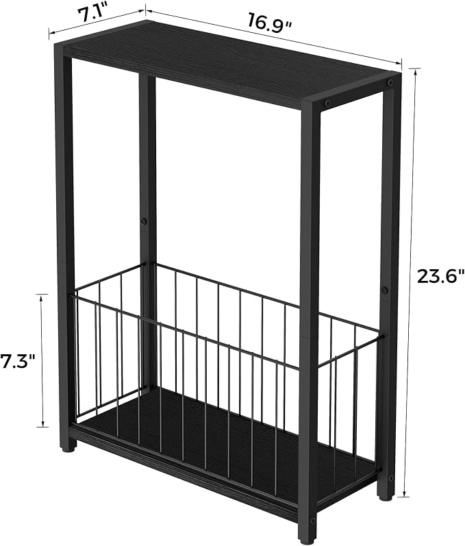 Homleke Narrow Side Tables Set of 2 with Magazine Holder, Skinny End Tables | Space-Saving Design, Small Spaces, Storage Shelf, Metal Frame, Easy Assembly, 7.1" D x 16.9" W x 23.6" H, Black
