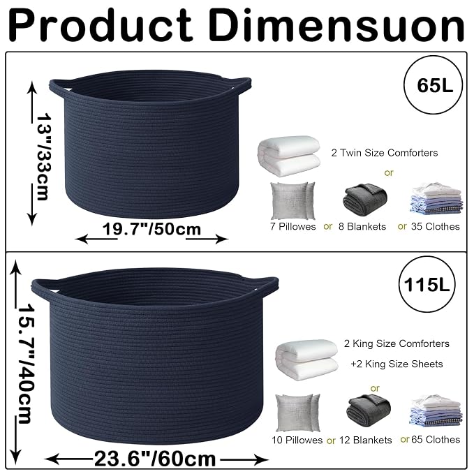 115L Extra Large Navy Blue Woven Cotton Rope Basket with Handles, Kids Nursery Laundry Hamper for Toys, Blankets, Pillows & Comforters, Storage Bin for Bedroom & Playroom