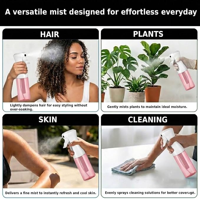 VIGOR PATH Continuous Mist Pink Spray Bottle 200ml Fine Mist for Hair | Ultra Fine Atomizer Leak Proof Ergonomic Construction 360 Refillable