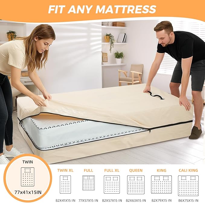 BAGAIL Mattress Bags for Moving, Mattress Covers with Heavy Duty Handles, Reusable Mattress Storage Bag for Moving Supplies(Beige, Twin)