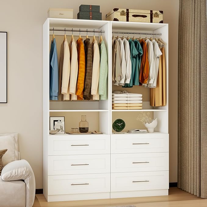 Closet System of 2 Sets, 4FT-10FT Closet Organize System with 6 Wooden Drawers, 4 Hanging Rods & Shelves, Walk in Closet System Storage, Modular Closet System, White(4FT)