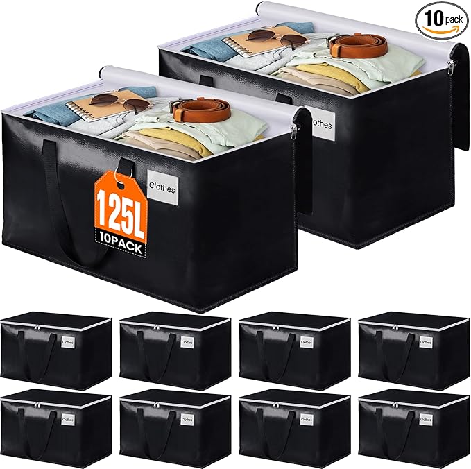 BlissTotes Moving Bags, Heavy Duty Moving Boxes with Zippers Top and Sturdy Handles, Storage Bags for Space Saving and Packing, Collapsible Moving Supplies, Storage Totes (125L, 10-Pack, Black)