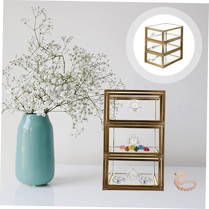 UKCOCO Transparent Drawer Jewelry Storage Box Nordic Style Desktop Organizer with Premium Alloy Frame Compact Space Saving Design for Home and Dormitory Use and Stylish Display Case