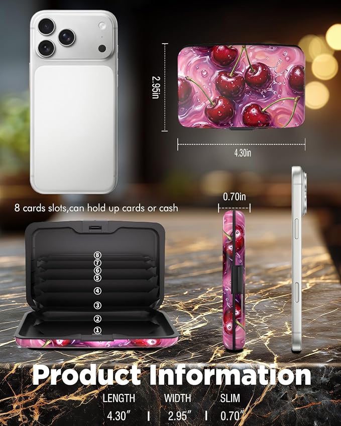 Maicican RFID Blocking Aluminum Credit Card Holder | Slim Metal Wallet for Women & Men, Business Card Case for Travel, Fits Front Pocket, Card holder wallet - Red cherries