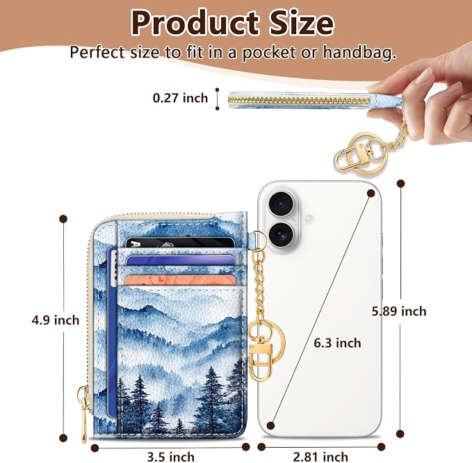 GIANCOMICS Slim Wallet Credit Card Holder Women, Hoarfrost Ink Painting Rfid Small Card Case, Keychain Thin Pocket Curved Zipper Wallet, Travel Card Holder PU Leather ID Window, Ladies Female Gifts