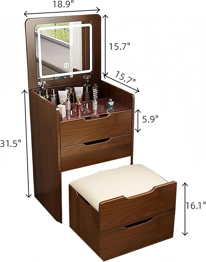 3 in 1 Vanity Desk with Mirror and Lights,Small Make Up Vanity Set with Visible Glass Desktop,Compact Makeup Vanity with 3 Drawers & Stool, Dressing Table for Bedroom (Walnut, 18.9" L)