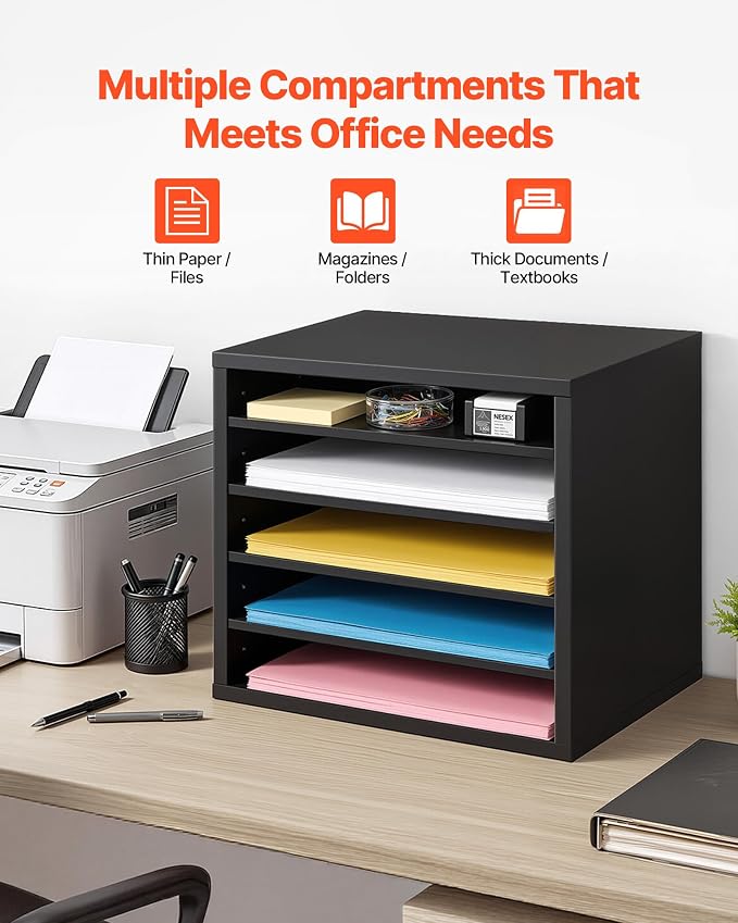 VEVOR Literature Organizer, 5 Compartments Office Mailbox with Adjustable Shelves, Wooden Mailbox Sorter with MDF, Countertop Office Home Classroom Storage Organizer for File, Document, Paper, Black