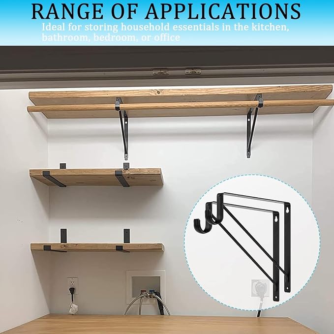 6 PCS Heavy Duty Closet Rod Bracket, 11 x 11 Inch Closet Shelf Brackets,Supports 300 lbs,Wall Mount Closet Rod Supports Bracket Hook with Screws, Closet Rod Holders for Home and Closet Decor(Black)