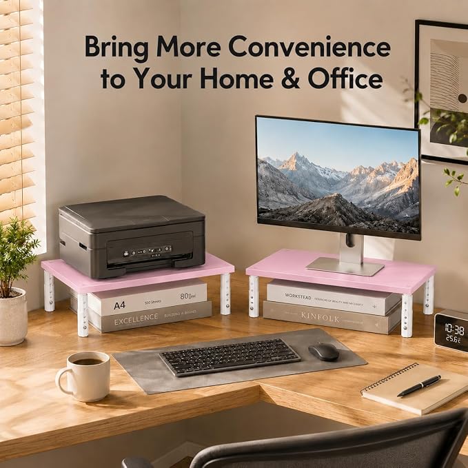 OPNICE Adjustable Computer Monitor Stand Riser for Desk, Desk Organizer & Office Decor for Women, Laptop Stand, Office Desk Accessories & Workspace Organizers for Home Office, Pink Wood