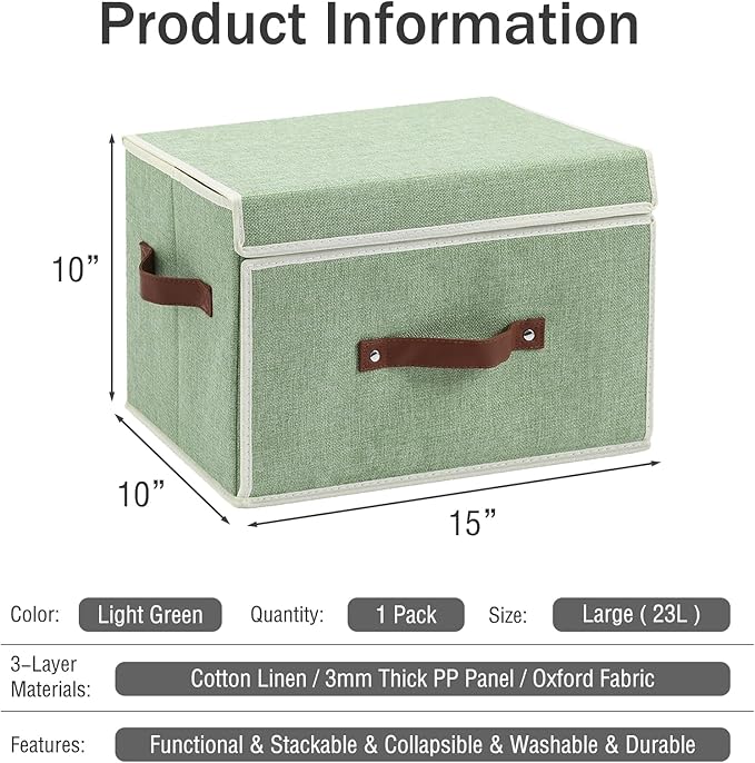 Storage Bins Box with Lids Front Opening Window Decorative Cotton Linen Fabric Basket PU Leather Handles Washable PP Board Foldable Shelf Closet Organizer Container (Light Green, Large)