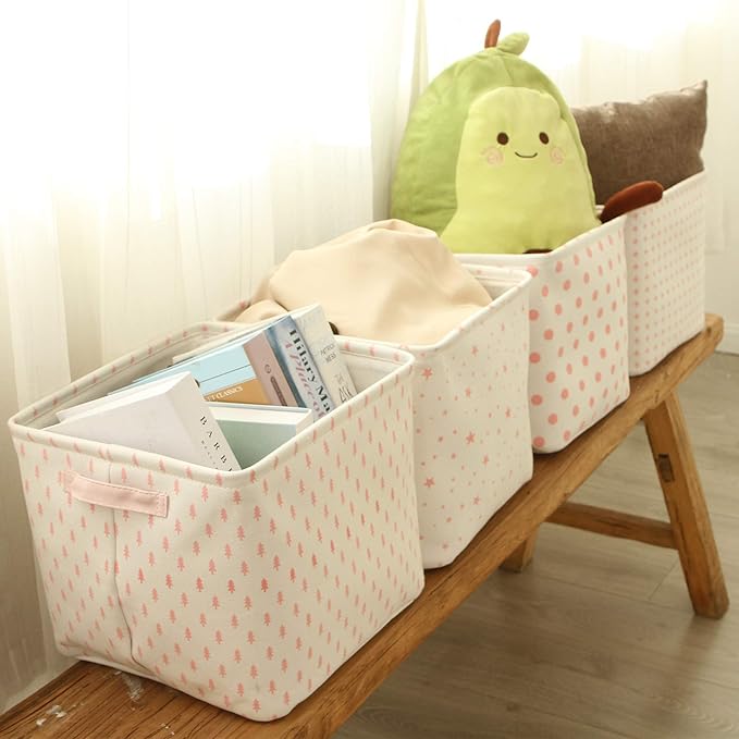 Sea Team Collapsible Canvas Fabric Storage Basket with Handles, Square Storage Box, Cube, Foldable Shelf Basket, Closet, Desk Organizer for Nursery, Home, Office (Pink, Set of 4)