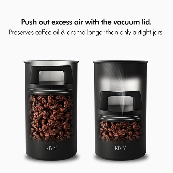 KIVY Vacuum Coffee Canister (Glass) - Push Lid Preserves Coffee Aroma & Oil - Stainless Steel Airtight Coffee Canister - Coffee Container for Ground Coffee & Coffee Bean Storage - Removes Excess Air