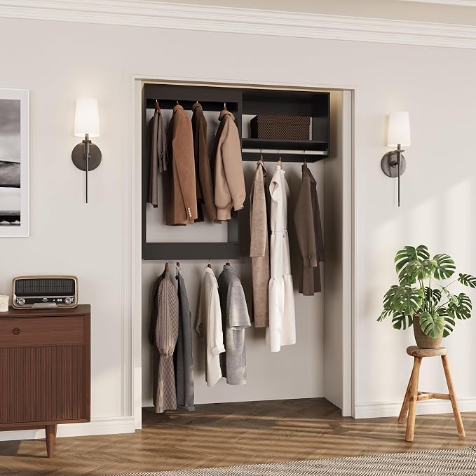 ROOMTEC Modular Closet System, 46" Wall-Mounted Closet Organizer with Hanging Rods, Wooden Tower for Walk-In Closets, Wardrobe Storage Kit, Black