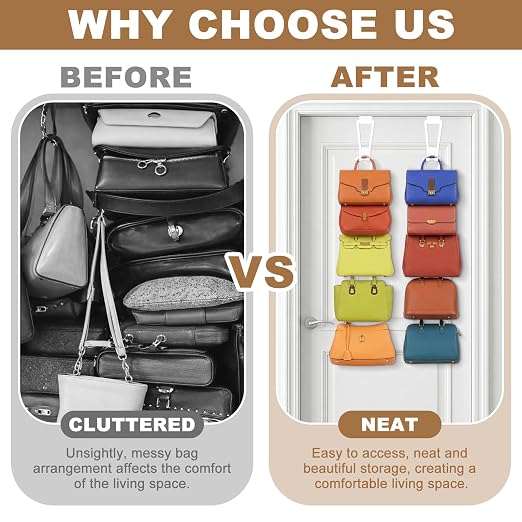 3-in-1 Installation Purse Hanger Organizer Over The Door Metal Hooks for Hanging Over The Door Bag Hanger Holder Rack Purse Organizer Bags Storage with 5 Hooks for Closet