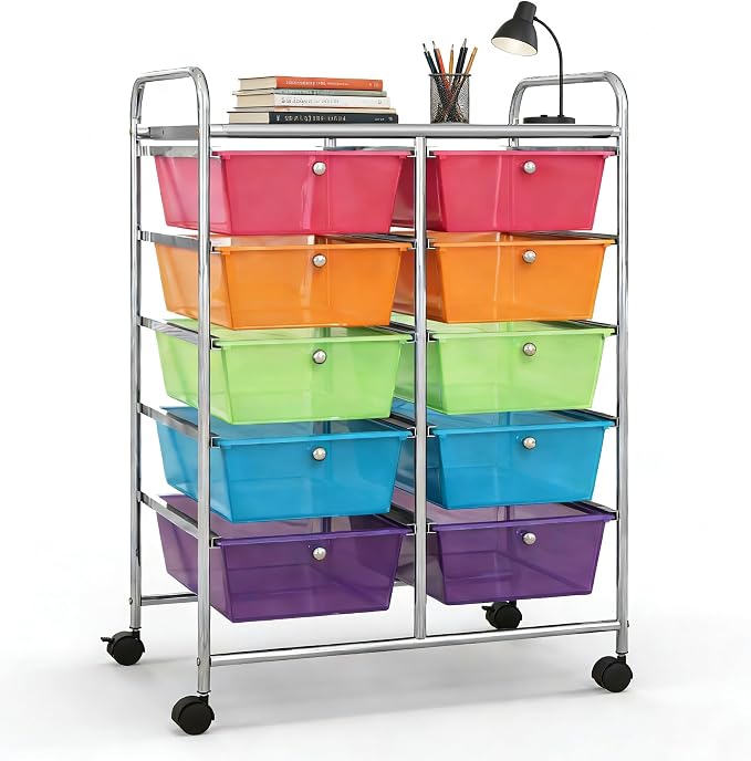 COSTWAY 10 Drawer Rolling Storage Cart, Utility Cart with Lockable Wheels | Mobile Art Supply Craft Organizer with Metal Frame, Multipurpose Drawer Cart for Paper for Office, School, Rainbow