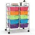 COSTWAY 10 Drawer Rolling Storage Cart, Utility Cart with Lockable Wheels | Mobile Art Supply Craft Organizer with Metal Frame, Multipurpose Drawer Cart for Paper for Office, School, Rainbow