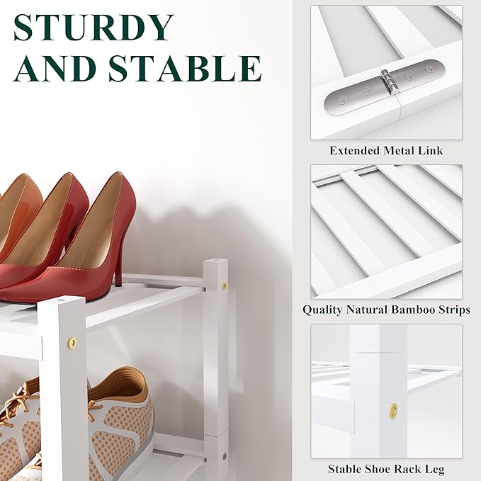 Smiry Bamboo Shoe Rack for Closet, 3 Tier Wooden Shoe Organizer, Stackable Wood Shoe Storage Shelf for Entryway, 14 Vertical Slats, One-piece Heavy-Duty Legs, 26.77"x11.02"x18.31", White
