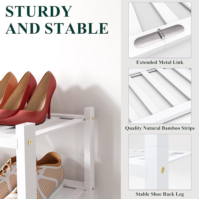 Smiry Bamboo Shoe Rack for Closet, 3 Tier Long Wooden Shoe Organizer, Stackable Wood Shoe Storage Shelf for Entryway, 14 Vertical Slats, One-piece Heavy-Duty Legs, 33.86"x11.02"x18.31", White