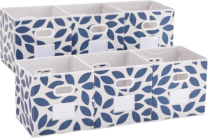 MAX Houser 6 Pack Foldable Fabric Storage Bins with Handles - Ideal for Closet Organization, Bedroom （Blue, 12"x12"x12"）