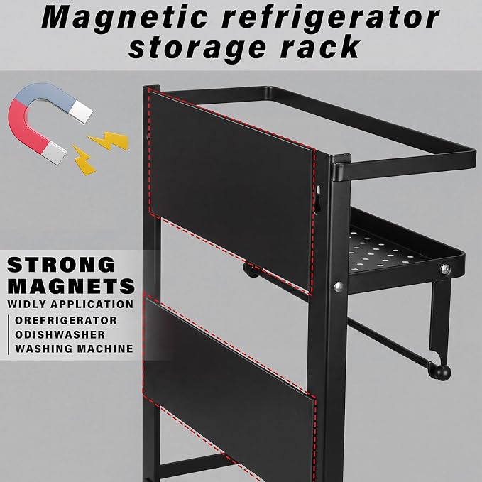 Vercraft Magnetic Dorm Fridge Organizer Heavy Duty Metal 66lbs over Dorm Fridge Shelf Essentials Side of Fridges Paper Towel Holder with Storage Shelf Hooks Magnetic Spice Rack for Room Kitchen(Black)