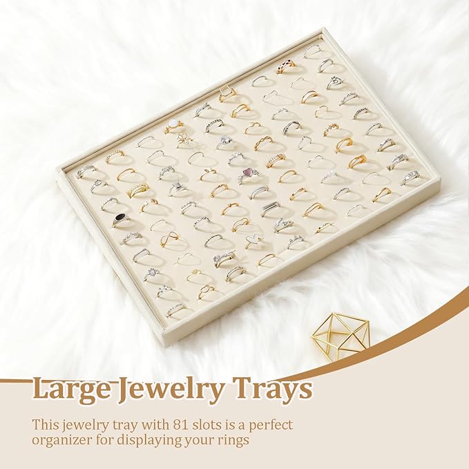Large Jewelry Organizer for Drawer Insert Velvet Stackable Jewelry Trays for Earring Necklace Bracelet Ring Display (Beige, Ring 81 Slots)