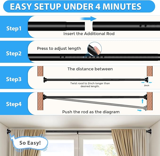 Tension Curtain Rod Black Tension Rod 40 to 148 Inch Spring Curtain Rods Non Slip Tension Rods 1pcs For Windows No Drilling Adjustable Tension Rods of Curtains Window Closet Kitchen Wardrobe