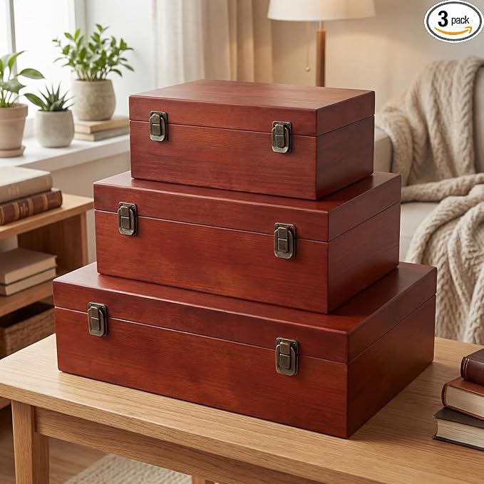 Sliner 3 Pcs Wooden Decorative Storage Boxes with Lids Vintage Wood Organizer Bins for Your Bookshelf Home Decor Safely Store Photos Documents Memory Jewelry Craft Storage (Light Brown,S M L Size)