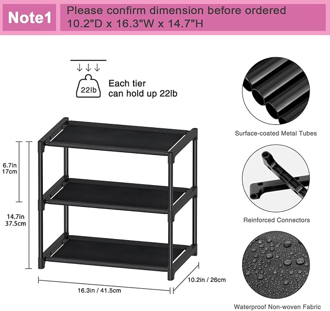 Autonomier 3 Tier Extra Small Shoe Rack (16.3" Wide), Narrow Stackable Shoe Shelf for Kids Toddler Adult, Ultra-Lightweight Shoe Rack Stand for Closet Dorm Bedroom Storage Organizer, Entryway