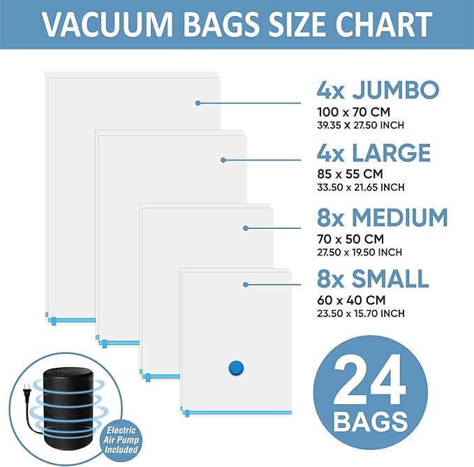 24 Vacuum Storage Bags with Electric Pump, 80% Space Saver Bags Vacuum Sealer for Clothes, Clothing, Comforters, Pillows, Towel, Blanket Storage, Bedding