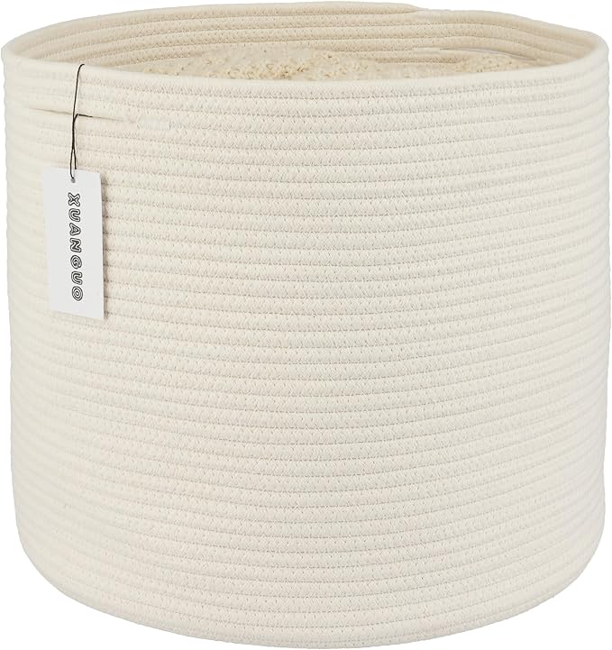 XUANGUO Cotton Rope Woven Basket, 16x14 in Kids Laundry Basket, white | Round blanket basket and small laundry basket; baby hamper or nursery storage bin for girls, boys, toys, clothes and shoes