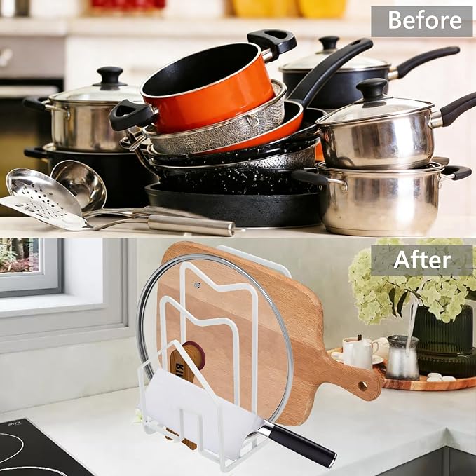Multi-functional stainless steel kitchen cutting board rack-a compartmentalized storage rack that can accommodate 3-5 cutting boards/baking trays/trays,saving counter space (White)