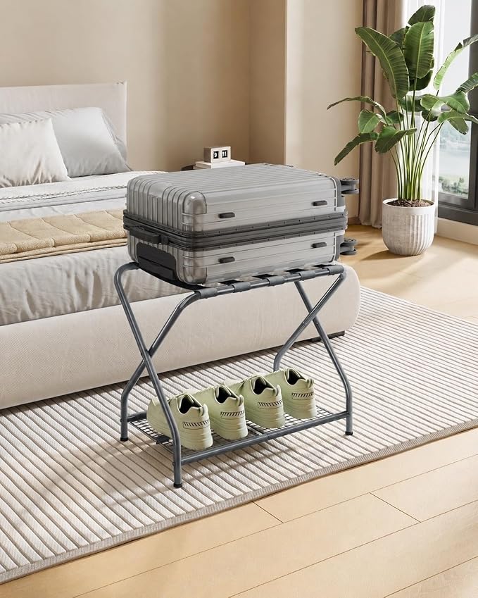 1-Piece Foldable Gray Luggage Rack Stand with Storage Shelf – Heavy Duty Metal Suitcase Holder, 150 lbs Top, 50 lbs Bottom, Fits 20”-28” Luggage – Guest Room, Bedroom, Hotel LR-GY-1