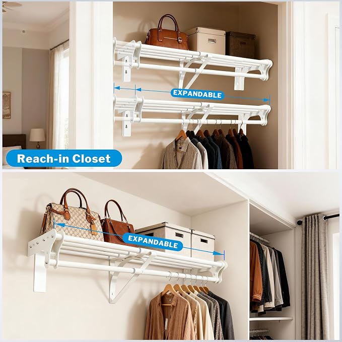 Steel Closet Shelf with Hanging Rod, 52-95'' Expandable Closet Shelves | Back Wall & Side Wall Mounted, Heavy Duty Storage Rack Holds 220 lbs, Adjustable DIY Closet Rod with Shelf Divider Separator