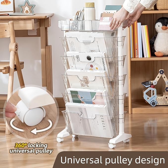 5 Tier Rolling Utility Cart Multi-Functional Movable Storage Book Shelves with Lockable Casters for Study Office Kitchen Classroom, White (Transparent White, with Wheel)
