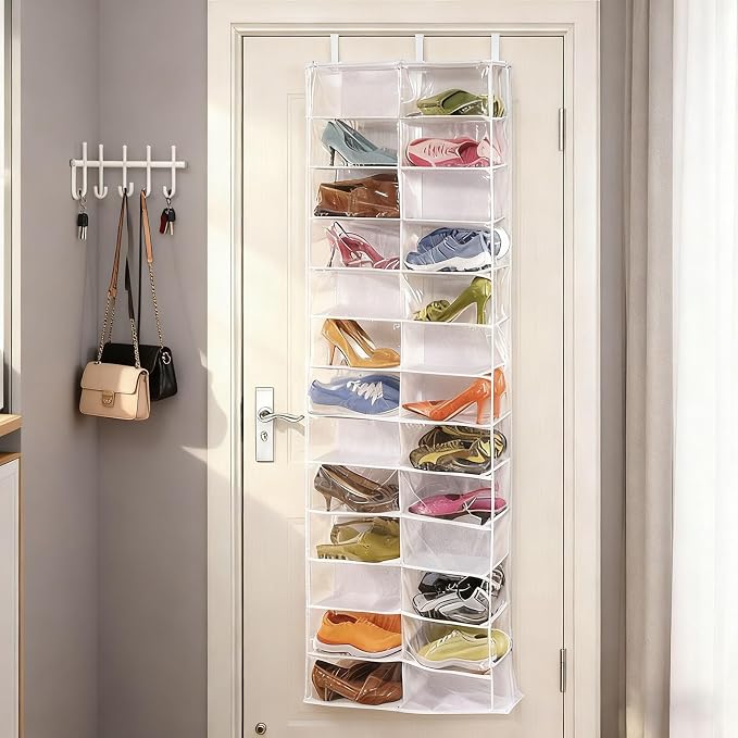 Hoodie Sweatshirt Storage Organizer, Over the Door Sweatshirt Organizer, 26-Pocket Clear Holder, Pockets Wall Shoes Bag, Portable Closet Wardrobe,63"L X 22"W X 6.3"H,Cabinet Behind The Doors (Black)