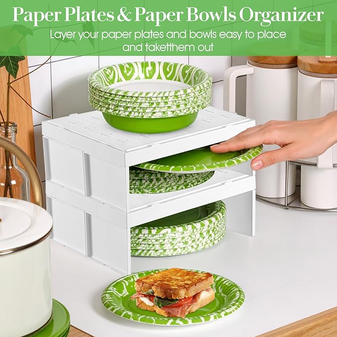 2 Pcs Paper Plate Dispenser and Paper Bowl Dispenser, Space-Saving Plastic, Foam, Disposable Plate and Bowl Organizer, Stackable Kitchen Organizer for Cabinet, Countertop, Shelf (White)